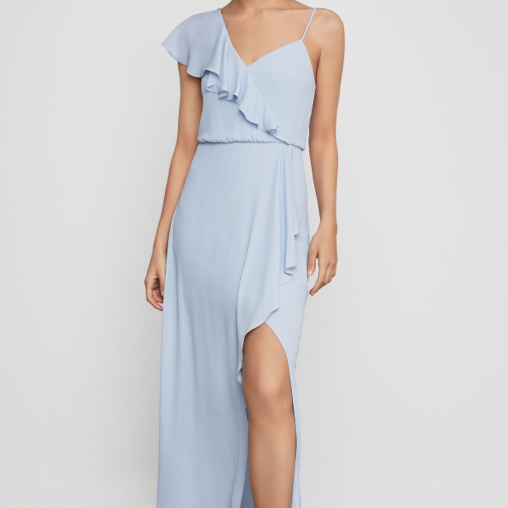 BCBGMAXAZRIA One Shoulder Draped Ruffle Gown